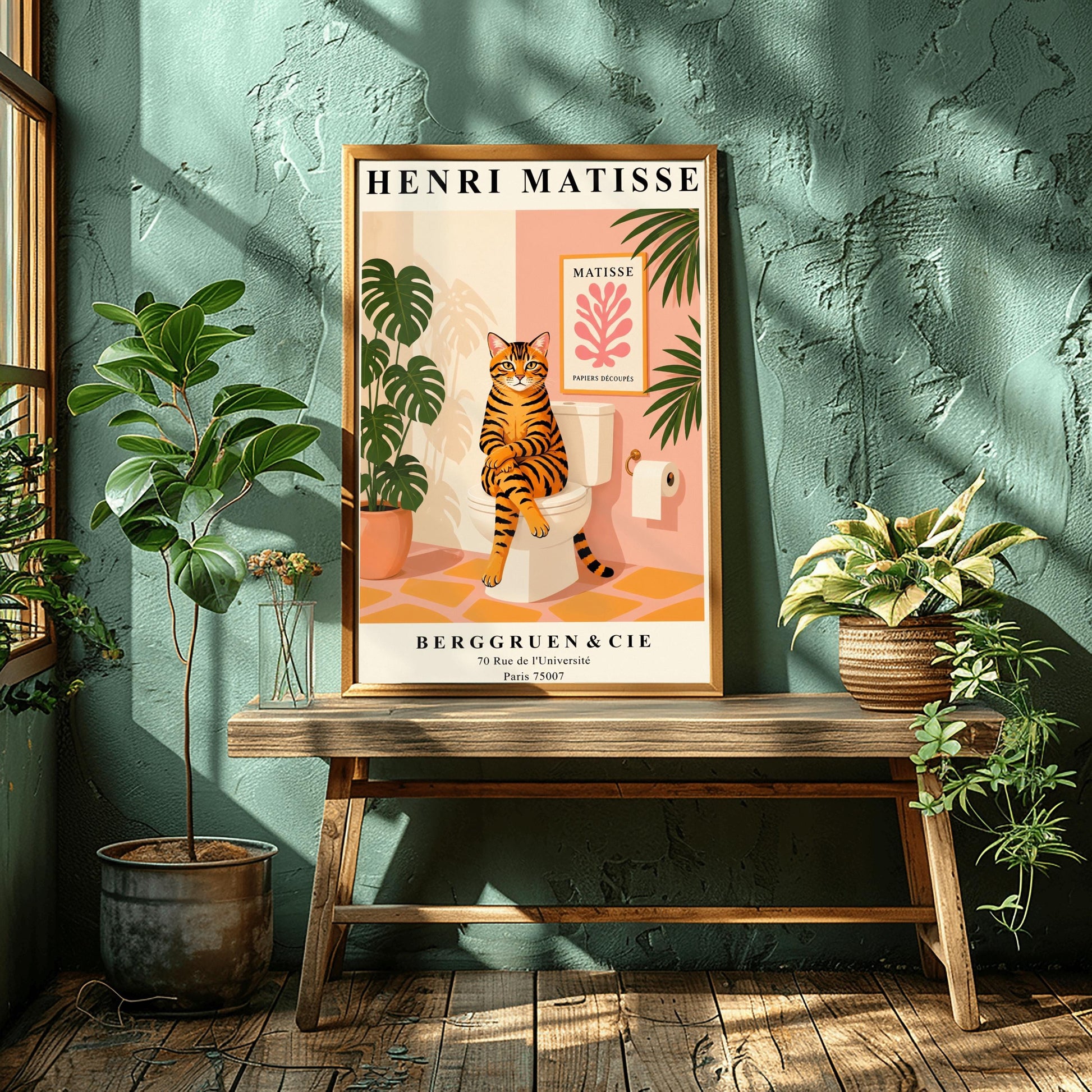 Tabby Cat on Toilet Art Print: Funny Matisse Style Bathroom Wall Art
