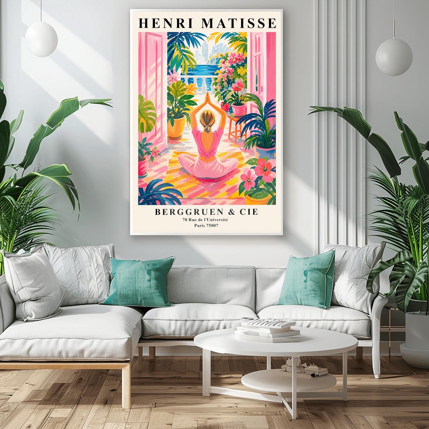 A vertical maximalist art print styled as a Henri Matisse exhibition poster. A woman with blonde hair tied back is seen from behind, sitting on a yellow-and-orange striped yoga mat in a yoga pose with her hands joined above her head. She faces open pink French doors that lead to a balcony with a view of a blue sea and a distant city. The terrace is filled with vibrant pink flowers, large green tropical plants in yellow pots, and a small wooden stool.