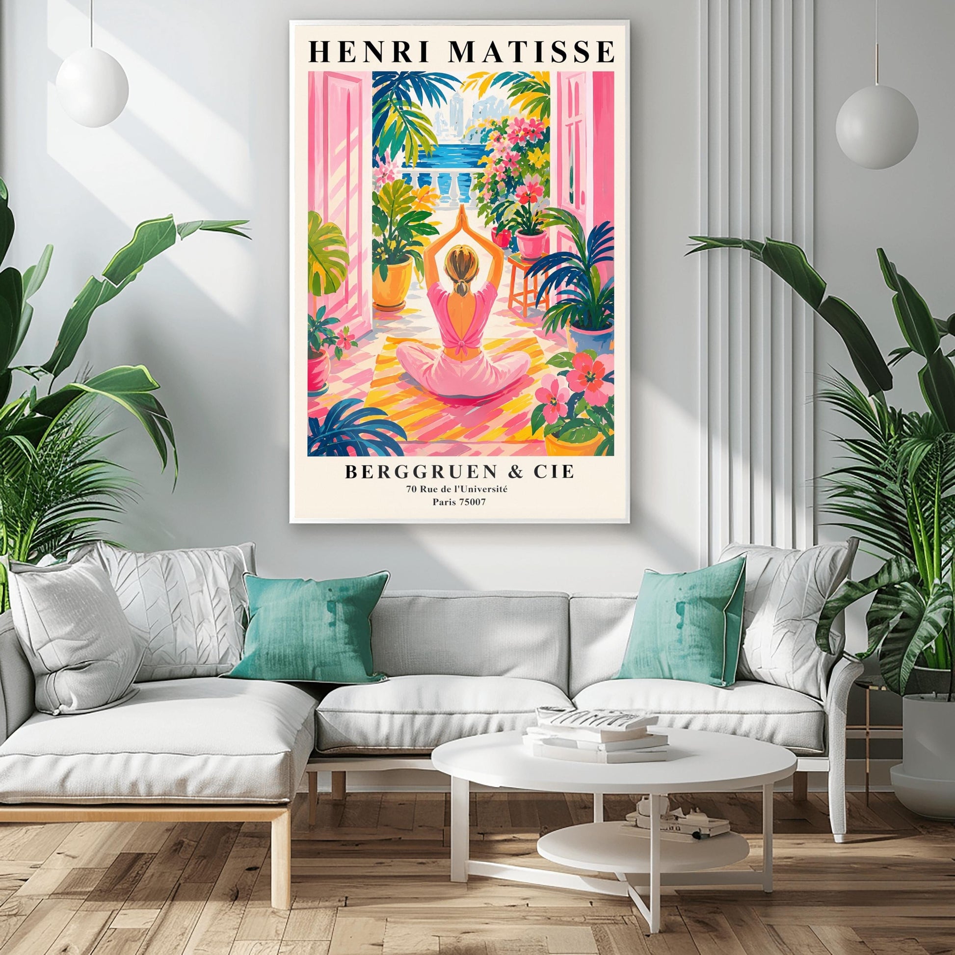 A vertical maximalist art print styled as a Henri Matisse exhibition poster. A woman with blonde hair tied back is seen from behind, sitting on a yellow-and-orange striped yoga mat in a yoga pose with her hands joined above her head. She faces open pink French doors that lead to a balcony with a view of a blue sea and a distant city. The terrace is filled with vibrant pink flowers, large green tropical plants in yellow pots, and a small wooden stool.