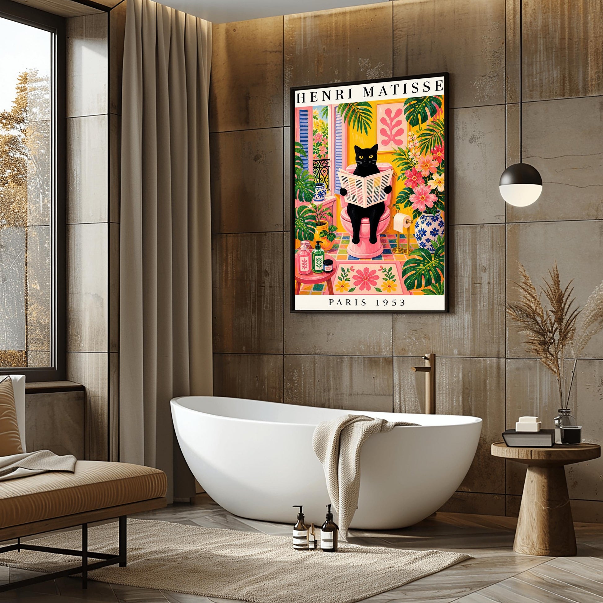 A vertical maximalist art print styled as a Henri Matisse exhibition poster. A sleek black cat with bright yellow eyes sits on a pink toilet, holding and reading a newspaper. The bathroom is filled with vibrant yellow walls, pink and yellow checkered tiles, and lush green monstera plants. A window with blue shutters looks out onto a garden. A pink bath mat and blue floral vases add more color. Bold black text at the top reads "HENRI MATISSE" and at the bottom "PARIS 1953".