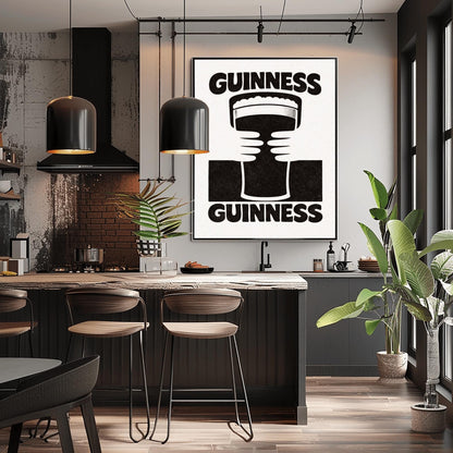 A vertical black and white minimalist graphic. Two white hands hold a central pint of Guinness from both sides. The word "GUINNESS" appears in bold black text both at the top and the bottom of the cream-colored background.