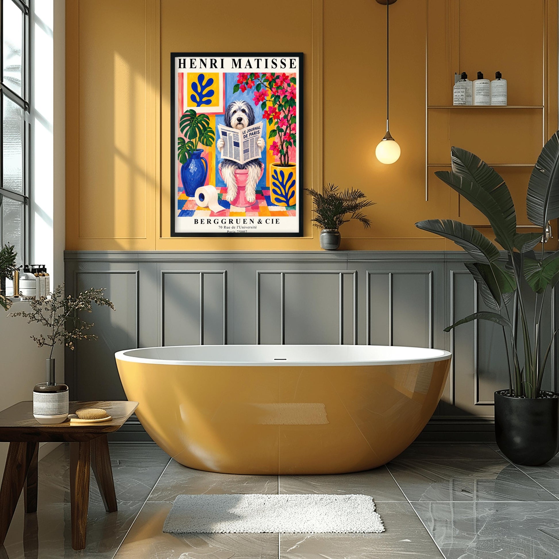 A vertical retro exhibition poster for Henri Matisse featuring a wide cream border. The central image shows a colorful Fauvism-style painting of a fluffy black-and-white Bearded Collie dog sitting on a pink toilet. The dog has shaggy fur and is looking forward while holding open a newspaper titled "LE JOURNAL DE PARIS". The background is a vibrant bathroom with a checkered mosaic floor, blue and yellow planters holding green monstera leaves