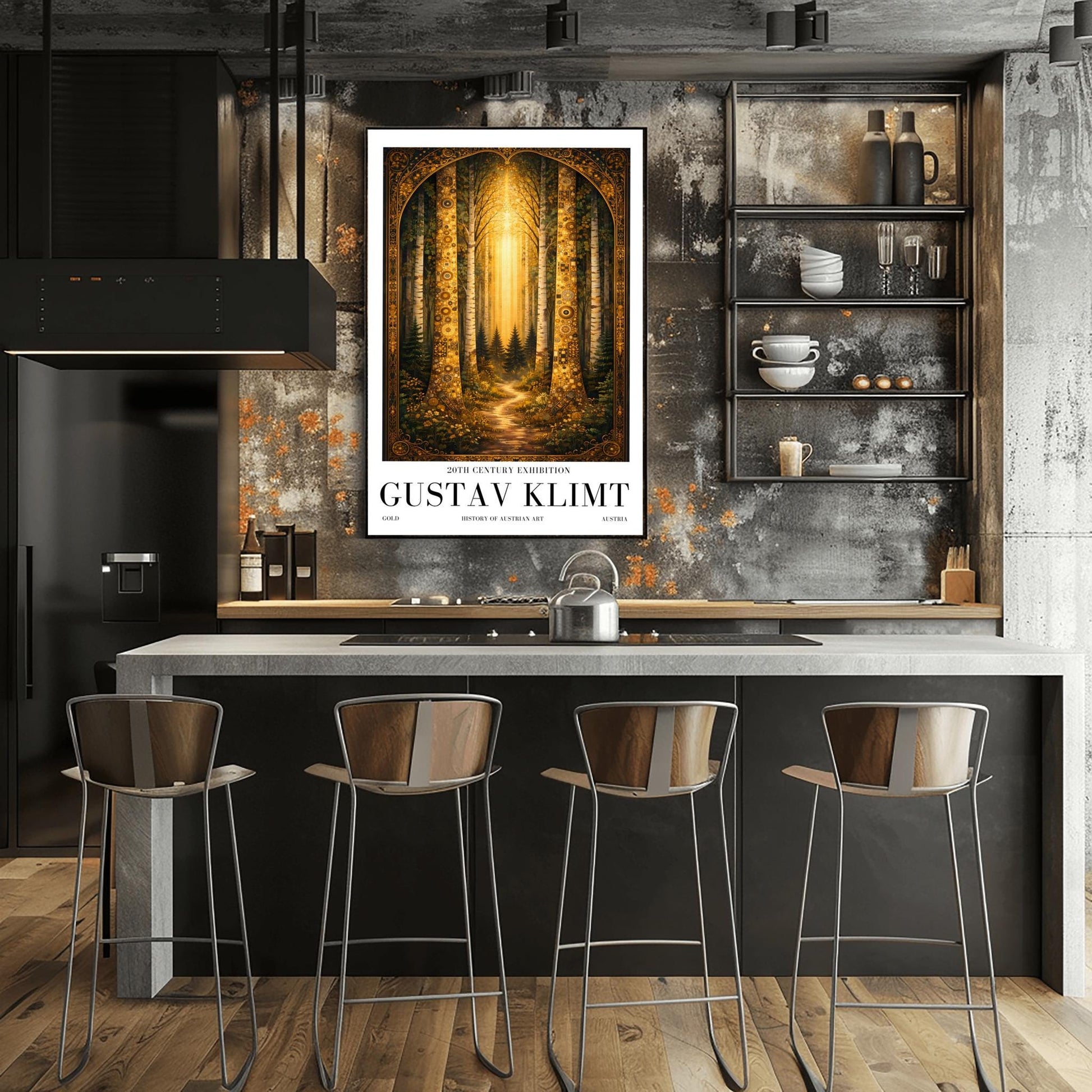 A vertical exhibition poster for Gustav Klimt. Two tall birch trees with golden mosaic bark frame a view of a dark forest path illuminated by a bright vertical beam of sunlight. The artwork has an ornate gold border and clean white margins with text at the bottom.