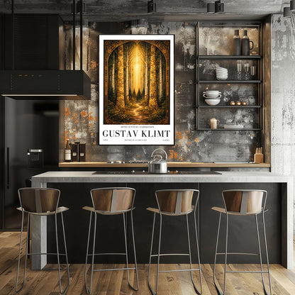 A vertical exhibition poster for Gustav Klimt. Two tall birch trees with golden mosaic bark frame a view of a dark forest path illuminated by a bright vertical beam of sunlight. The artwork has an ornate gold border and clean white margins with text at the bottom.