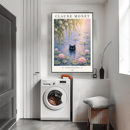 A vertical impressionist-style art print titled "Lilypad Guardian." A black cat with bright yellow eyes is submerged up to its chin in a pond filled with pink water lilies and green lily pads. Weeping willow branches hang from above. The top of the print features "CLAUDE MONET" in a dark serif font, and the bottom includes the title and the year 1889. The colors are soft pastels with a heavy, textured paint effect.