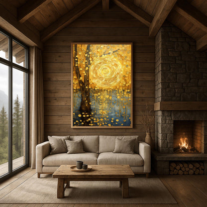 A vertical abstract landscape in the style of Gustav Klimt. A large, swirling golden sun hangs in a warm gold sky next to a dark tree trunk. Cascading golden discs fall from the tree like rain into dark blue water below. The entire scene is filled with intricate spiral textures and shimmering gold leaf effects.