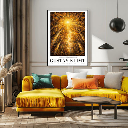 A vertical exhibition poster for Gustav Klimt featuring a view looking up through golden trees toward a radiant sunburst. The trees have intricate mosaic patterns on the bark. Below the artwork, bold black text reads "GUSTAV KLIMT" and "20th Century Exhibition."