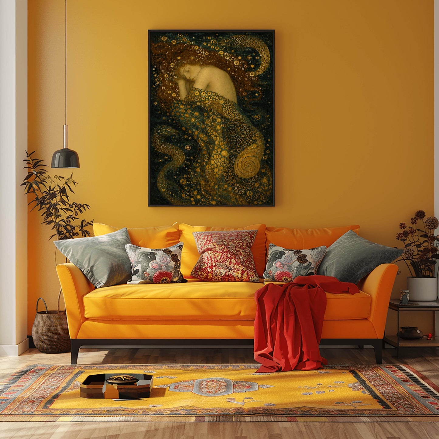 A vertical painting in the Art Nouveau style of Gustav Klimt.It features a pale-skinned female nymph sleeping peacefully on her side against a dark background.Her long, dark hair flows out and is speckled with dozens of tiny white wildflowers.Her body is draped in a heavy, swirling cloth filled with intricate golden mosaics, geometric patterns, and large bronze spirals.Two stylized, patterned sea serpents with shimmering scales wrap around the edges of the composition in the deep dark teal water