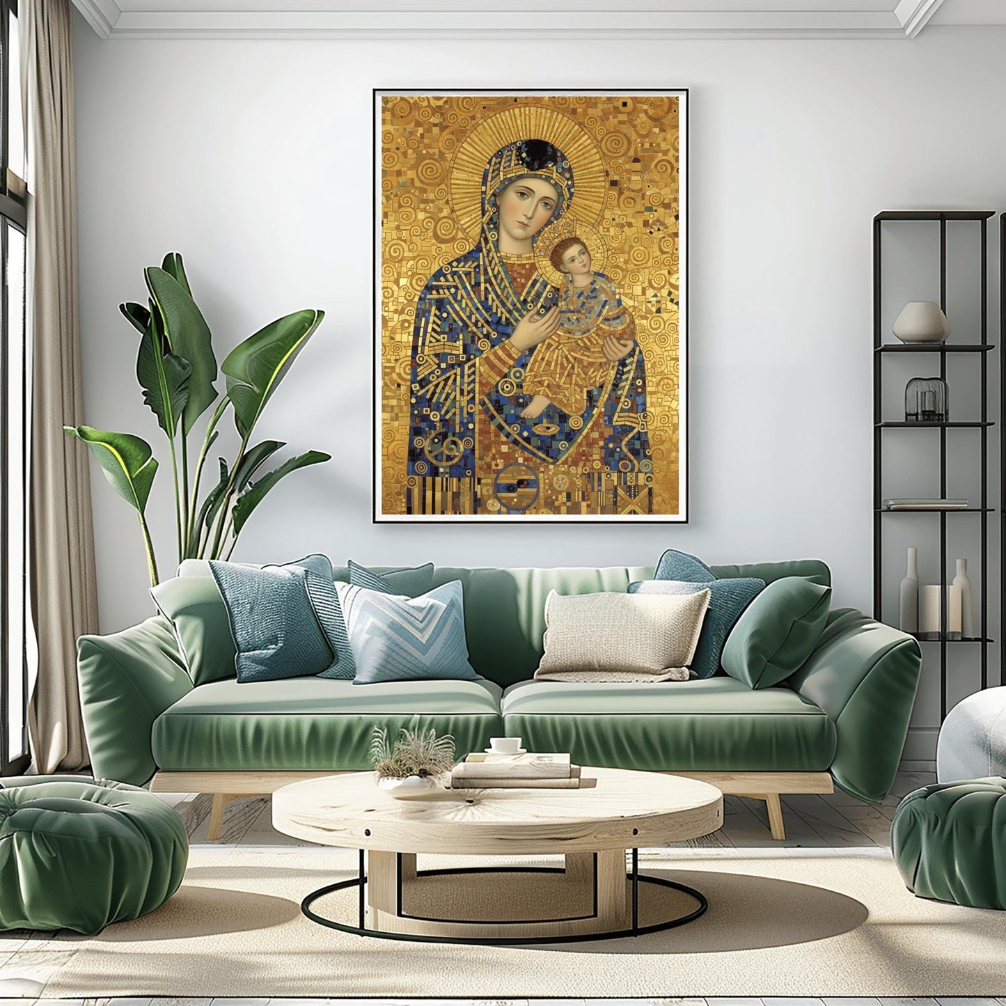 A vertical fine art print in the style of Gustav Klimt. A Madonna and Christ Child are depicted in a modern Byzantine style. Their robes are made of intricate gold and blue mosaic patterns. The Madonna has a large gold ray halo, and the entire background is a textured gold leaf with swirling spiral motifs.