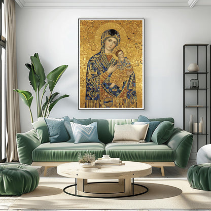 A vertical fine art print in the style of Gustav Klimt. A Madonna and Christ Child are depicted in a modern Byzantine style. Their robes are made of intricate gold and blue mosaic patterns. The Madonna has a large gold ray halo, and the entire background is a textured gold leaf with swirling spiral motifs.
