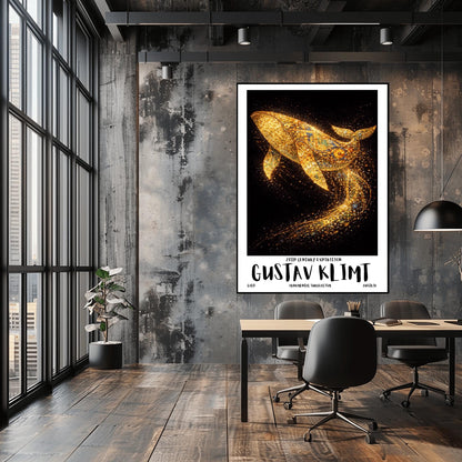 A vertical exhibition poster for Gustav Klimt featuring a large humpback whale made of golden mosaic patterns. The whale is breaching against a black background, leaving a trail of sparkling gold dust. Bold text at the bottom reads "GUSTAV KLIMT" and "Ornamental Surrealism."