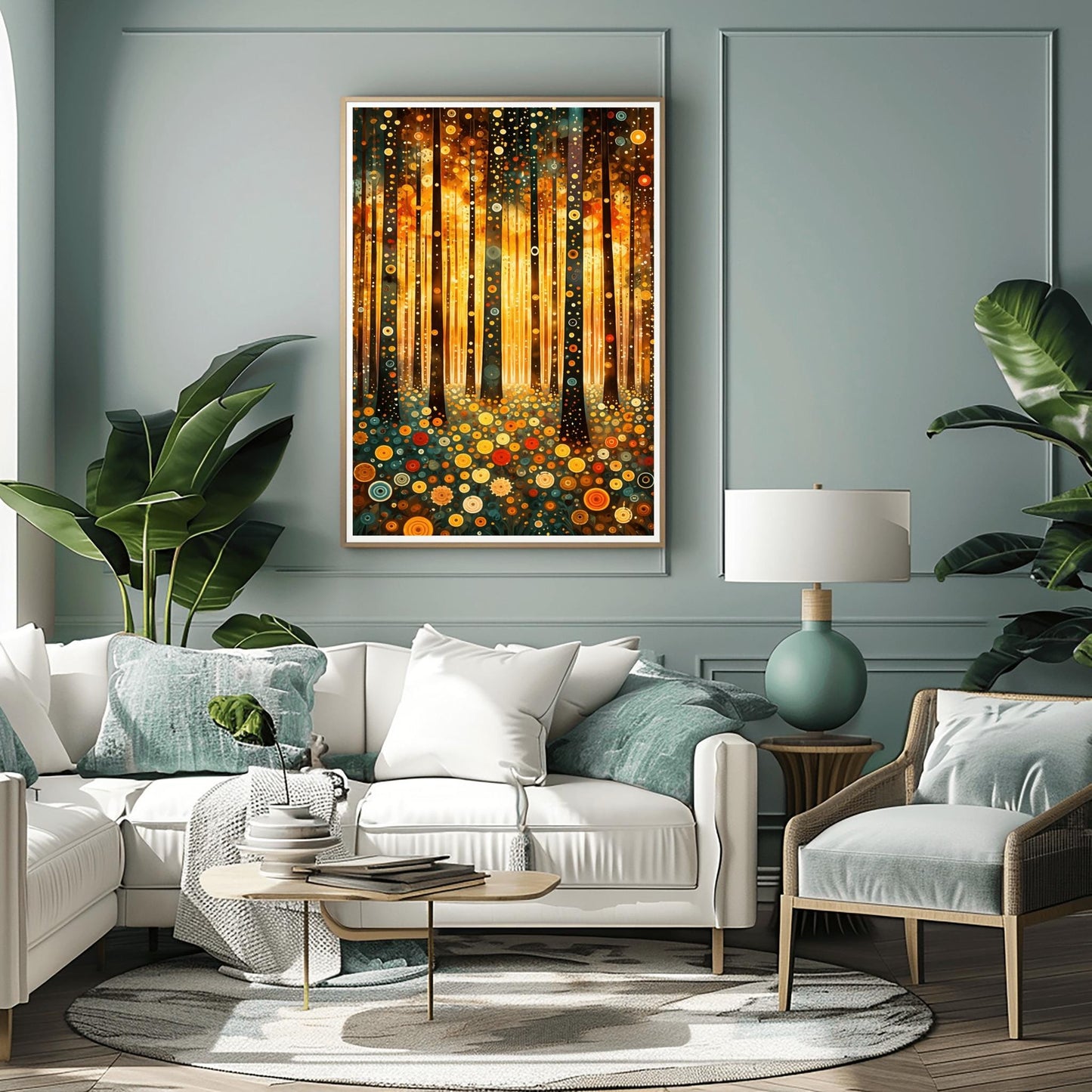 A vertical fine art print in the style of Gustav Klimt. Dark, slender tree trunks are decorated with various golden and colorful concentric circles. The forest floor is covered in similar circular floral patterns. A bright, warm golden light glows from the background, creating a high-contrast, ornate night forest scene.