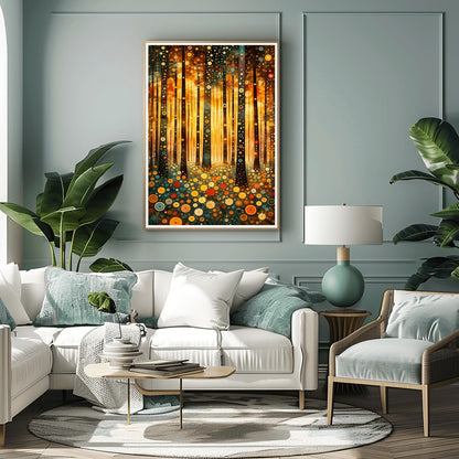 A vertical fine art print in the style of Gustav Klimt. Dark, slender tree trunks are decorated with various golden and colorful concentric circles. The forest floor is covered in similar circular floral patterns. A bright, warm golden light glows from the background, creating a high-contrast, ornate night forest scene.