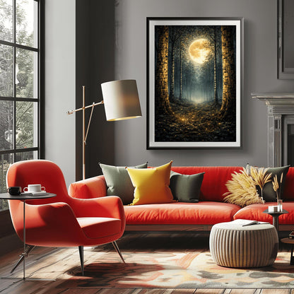 A vertical art print in the style of Gustav Klimt showing a dark forest at night. Tall, dark, silhouetted tree trunks frame a central path that leads toward a bright light in the distance. A massive, glowing golden moon with intricate textures dominates the upper center of the image. The base of the trees and the forest floor are sprinkled with shimmering gold mosaic patterns and light specks, contrasting sharply against the dark background.