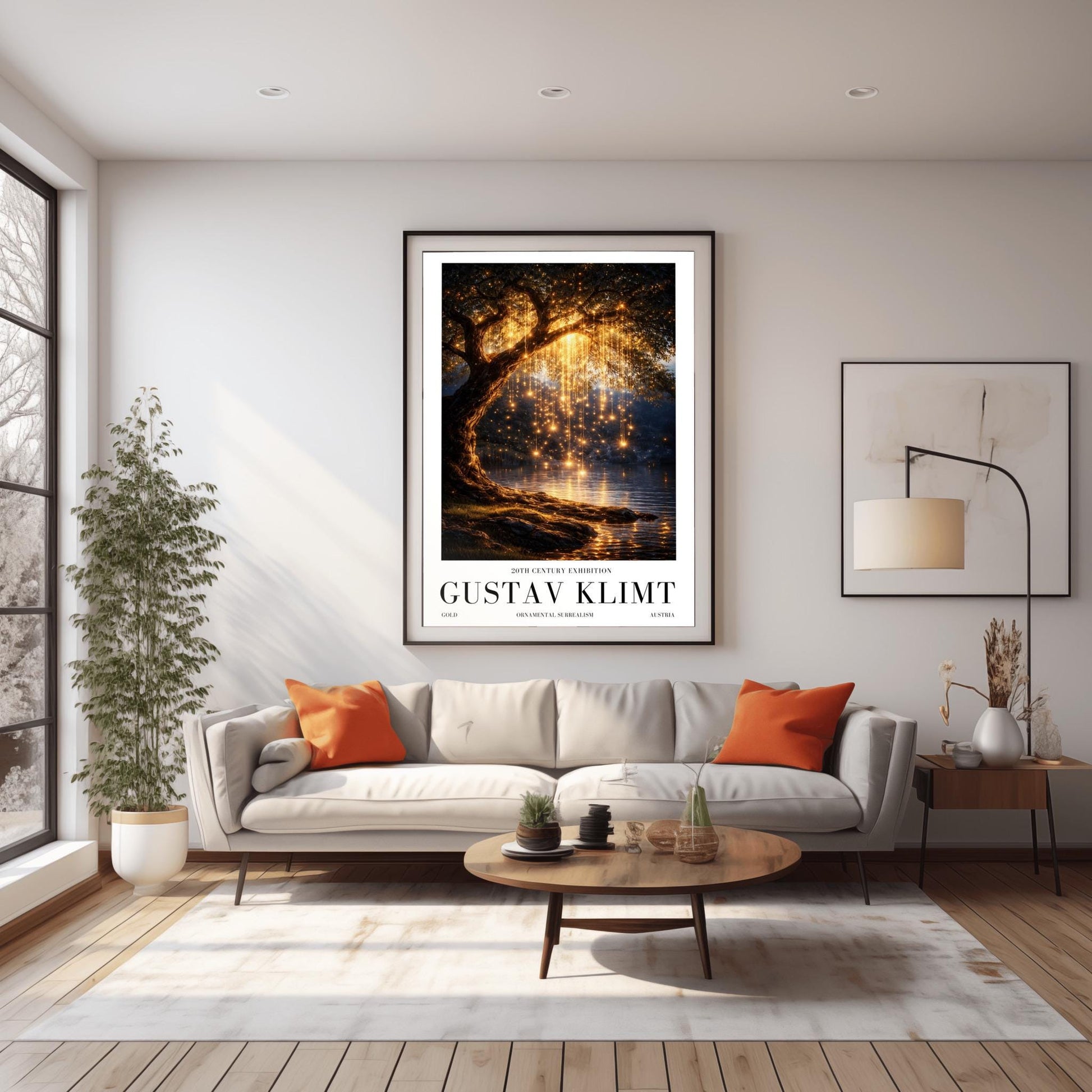 A vertical full-bleed illustration of a weeping willow tree at night in the style of Gustav Klimt. The branches hang down like strings of golden lights over a dark lake. The water reflects the golden glow, and the tree stands on a mossy bank against a dark forest background.