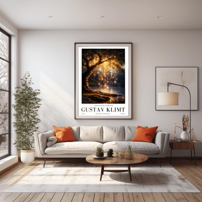A vertical full-bleed illustration of a weeping willow tree at night in the style of Gustav Klimt. The branches hang down like strings of golden lights over a dark lake. The water reflects the golden glow, and the tree stands on a mossy bank against a dark forest background.