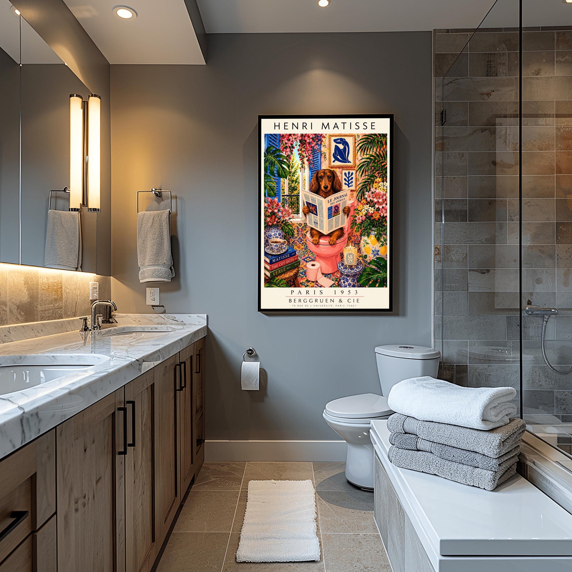 A vertical vintage-style art exhibition poster titled "HENRI MATISSE" at the top and "PARIS 1953 BERGGRUEN & CIE" at the bottom. The main image features a long-haired brown Dachshund dog sitting on a pink toilet inside an incredibly ornate bathroom, reading a newspaper titled "LE JOURNAL DES ANIMAUX". The background is a dense, colorful display of patterned wall tiles, framed Matisse paper cutouts, large green tropical houseplants, and vases full of pink lilies and flowers.