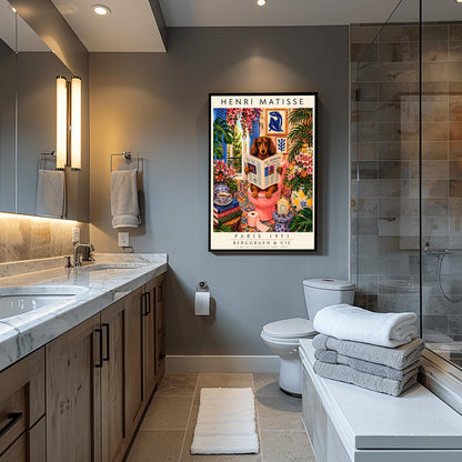 A vertical vintage-style art exhibition poster titled "HENRI MATISSE" at the top and "PARIS 1953 BERGGRUEN & CIE" at the bottom. The main image features a long-haired brown Dachshund dog sitting on a pink toilet inside an incredibly ornate bathroom, reading a newspaper titled "LE JOURNAL DES ANIMAUX". The background is a dense, colorful display of patterned wall tiles, framed Matisse paper cutouts, large green tropical houseplants, and vases full of pink lilies and flowers.