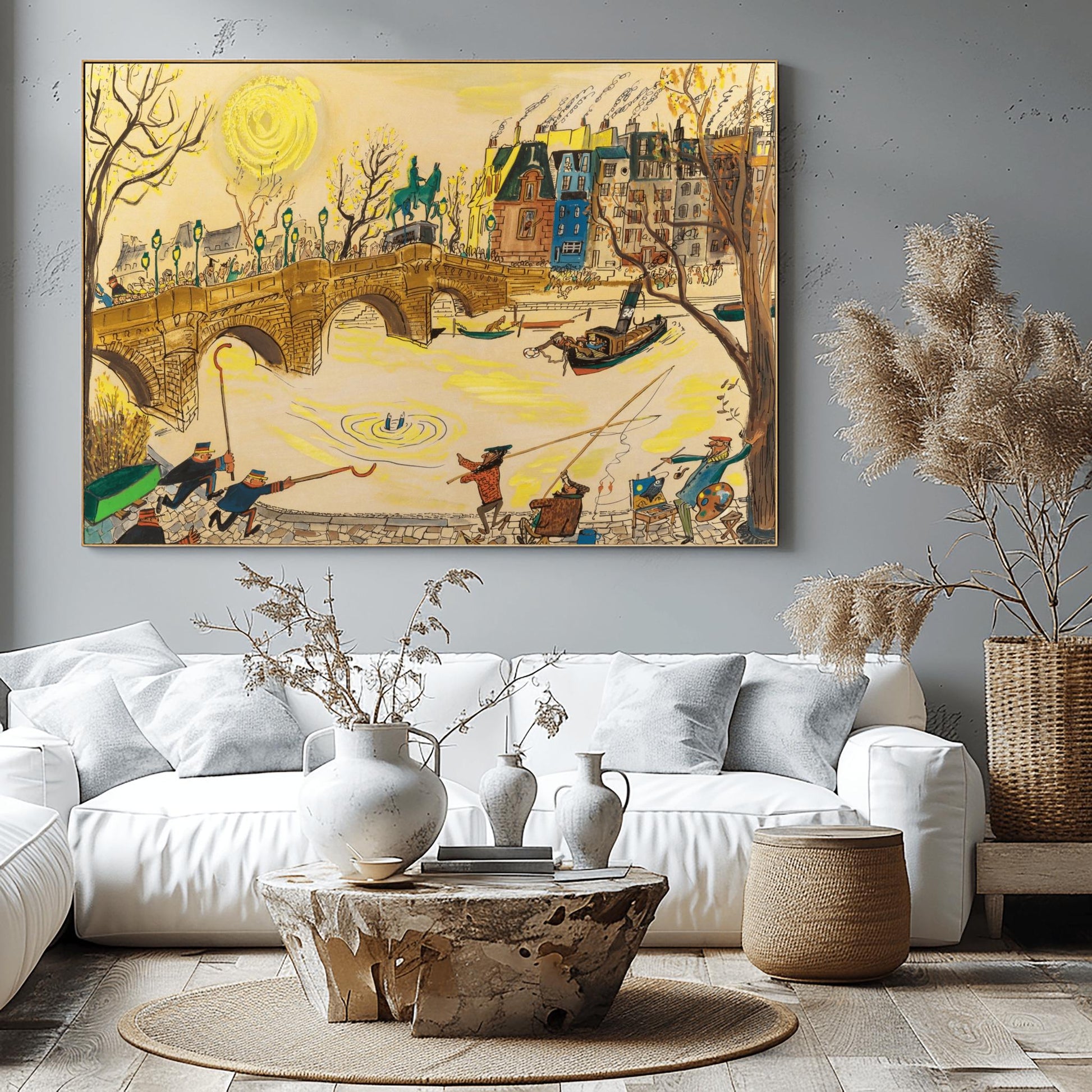 A horizontal watercolor and ink illustration in the style of Ludwig Bemelmans depicting a rescue in Paris. A large stone arch bridge spans a yellow-toned river where a person's legs are visible splashing in the water. On the bridge and the cobblestone quay, various people including officers in blue uniforms, fishermen with long poles, and an artist with a palette are rushing toward the water. In the background, colorful Parisian buildings and a large yellow sun are visible under a pale sky.