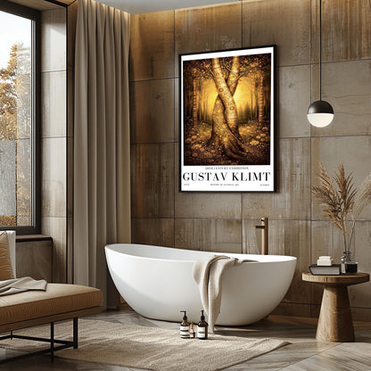 A vertical exhibition poster for Gustav Klimt. Two large tree trunks with golden mosaic patterns are entwined and twisted together in the center of a sunlit forest. The background is a soft amber glow, and the foreground features detailed golden flowers. White border with black text at the bottom.
