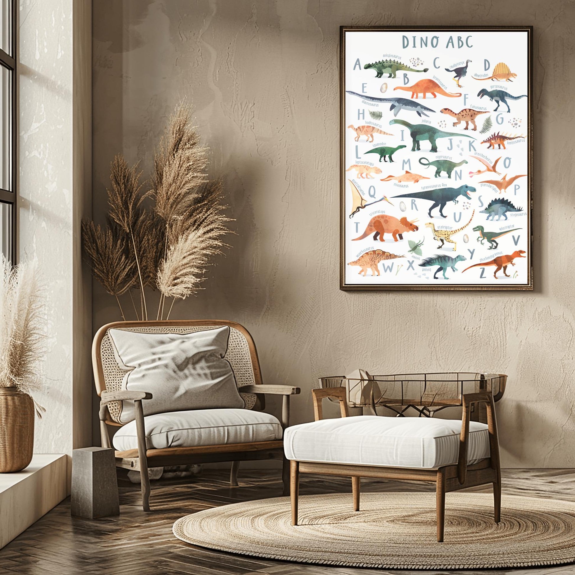 Educational dinosaur alphabet poster for kids featuring A–Z illustrated dinos with names, ideal for nursery or preschool wall decor.