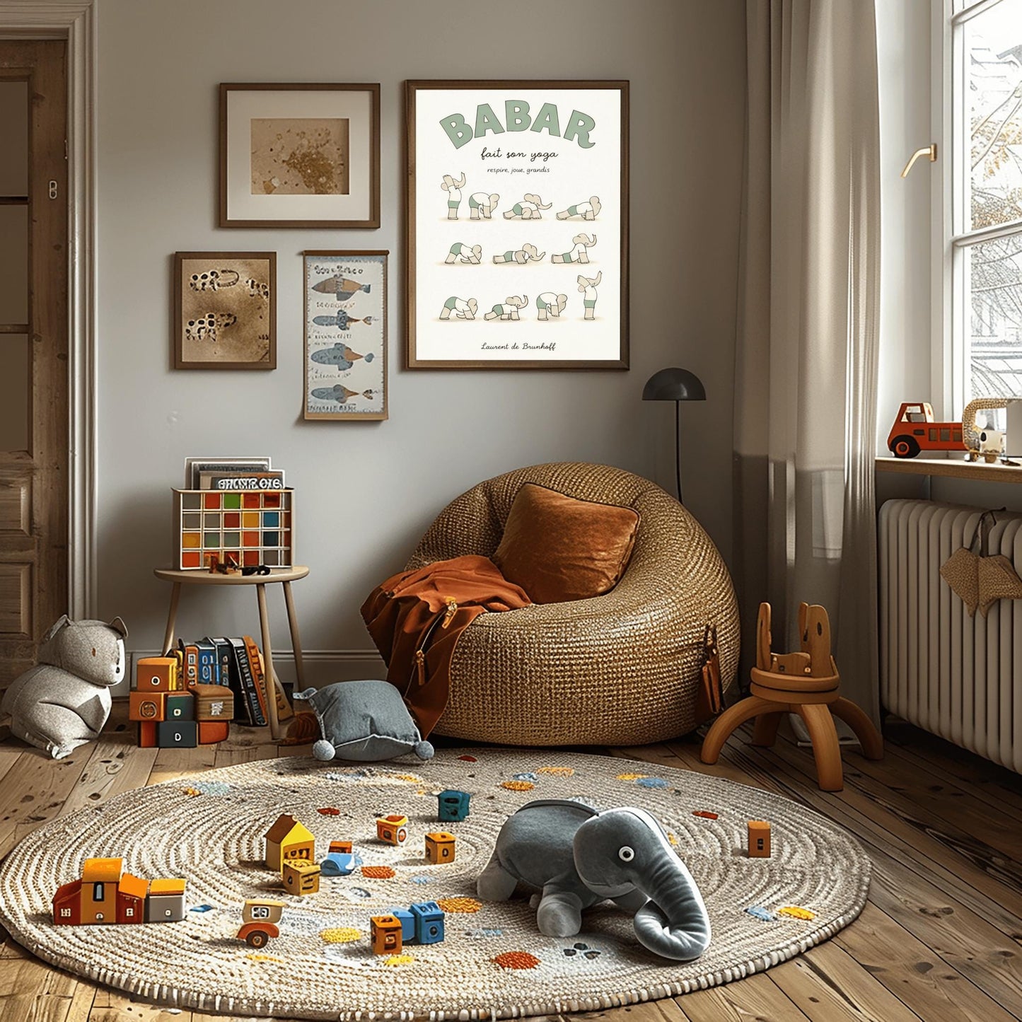 A vertical art print in muted sage green and cream tones titled "BABAR fait son yoga" with the subtitle "respire, joue, grandis." The poster shows eleven small, minimalist illustrations of a grey elephant in various yoga poses, wearing a white shirt and sage green shorts. The background is a soft off-white with a subtle paper texture, and the artist's name "Laurent de Brunhoff" is at the bottom.