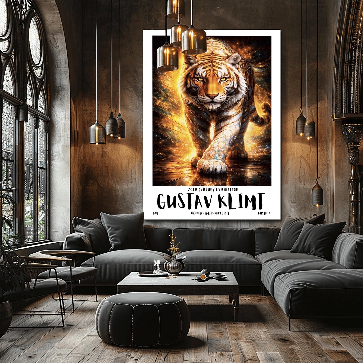 A vertical full-bleed illustration of a tiger in the style of Gustav Klimt. The tiger is prowling forward toward the viewer, its body covered in golden mosaic patterns and glowing orange light. The background is a swirl of amber sparks and gold-leaf textures.