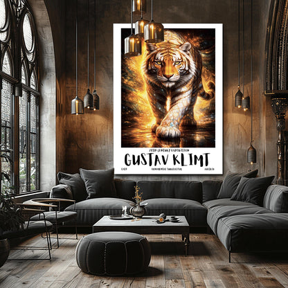 A vertical full-bleed illustration of a tiger in the style of Gustav Klimt. The tiger is prowling forward toward the viewer, its body covered in golden mosaic patterns and glowing orange light. The background is a swirl of amber sparks and gold-leaf textures.