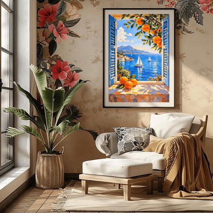 Matisse Coastal Print – Mediterranean Art Print with Blue Shutters & Oranges