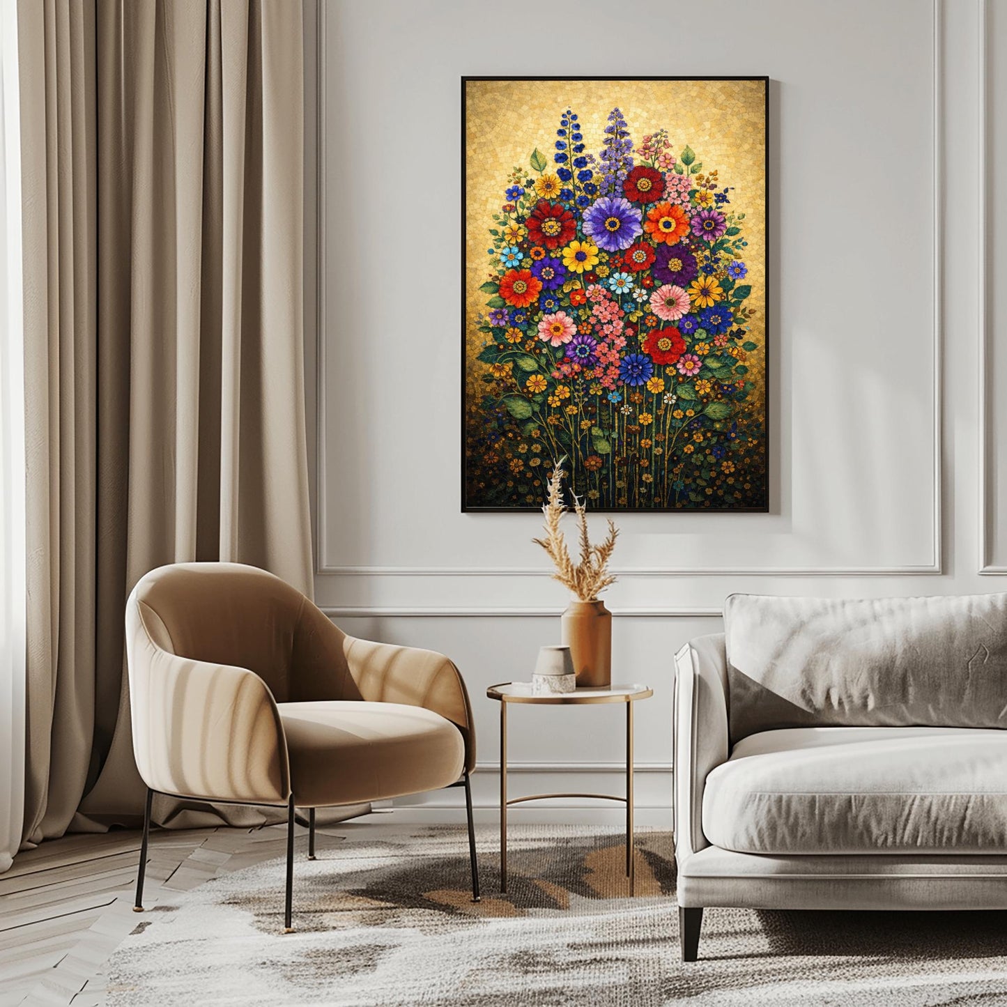 A vertical art print in the style of Gustav Klimt featuring a dense bouquet of colorful wildflowers. The flowers, including red, purple, and orange zinnias and tall blue delphiniums, are rendered as intricate mosaics with geometric patterns. The entire arrangement is set against a shimmering, gold-tiled background that glows with metallic light. The style is highly decorative, maximalist, and vibrant.