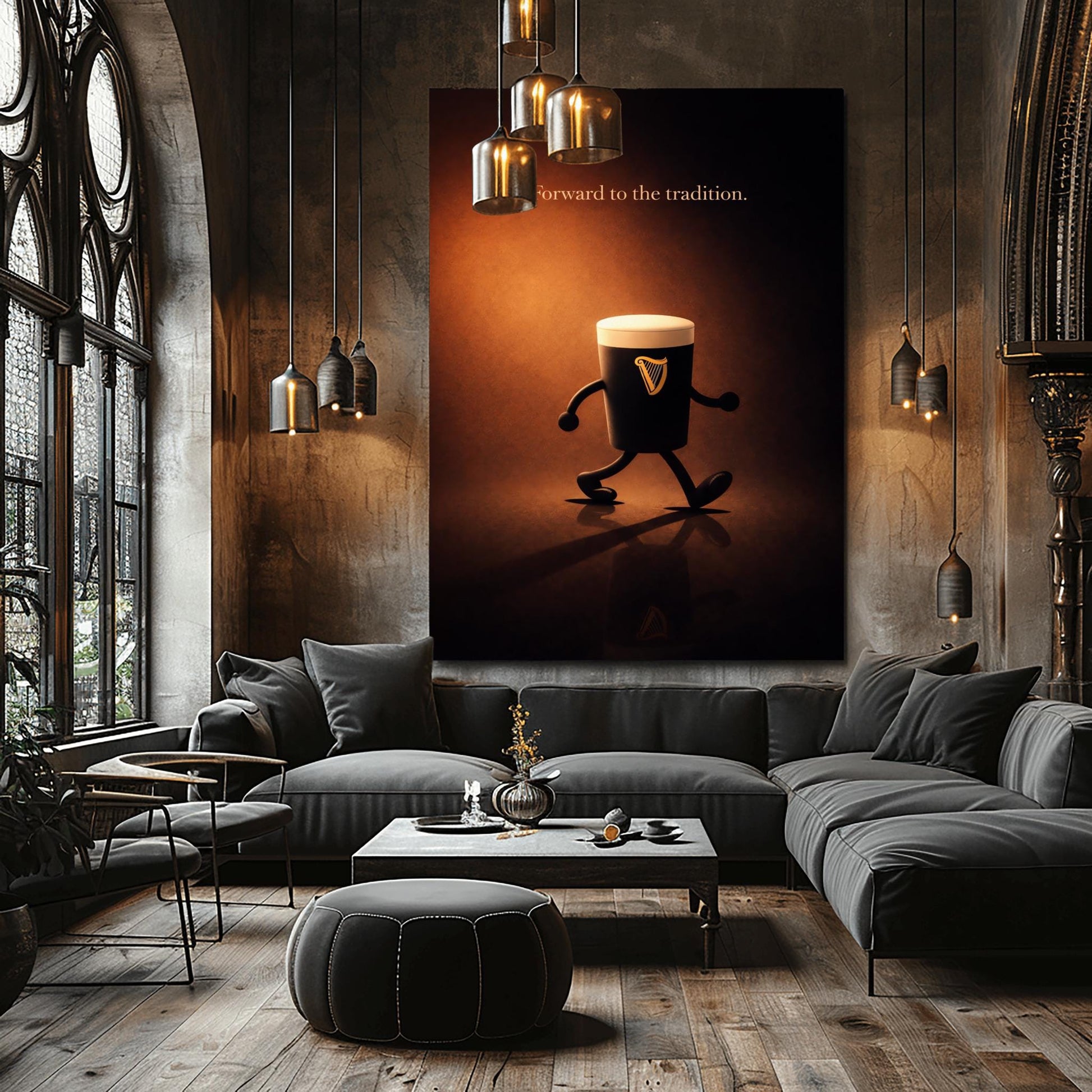A vertical cinematic illustration of a 3D Guinness pint character with cartoon arms and legs, walking across a reflective dark floor. The background is a warm, glowing amber light. At the top, the words "Forward to the tradition." are written in a gold-colored serif font.
