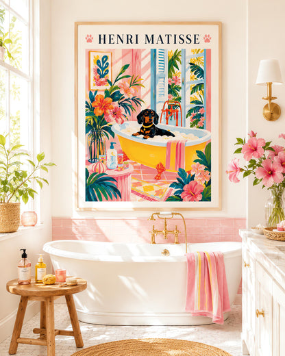 A vertical minimalist fine art exhibition poster in the style of Henri Matisse, bordered by a wide white frame margin. In the center, a simple black line drawing illustrates a Dachshund sitting inside a vintage white clawfoot bathtub. The composition is flanked by large, flat abstract paper-cut shapes, including an organic royal blue botanical frond on the left and a terracotta red coral cutout on the right against a solid white background.