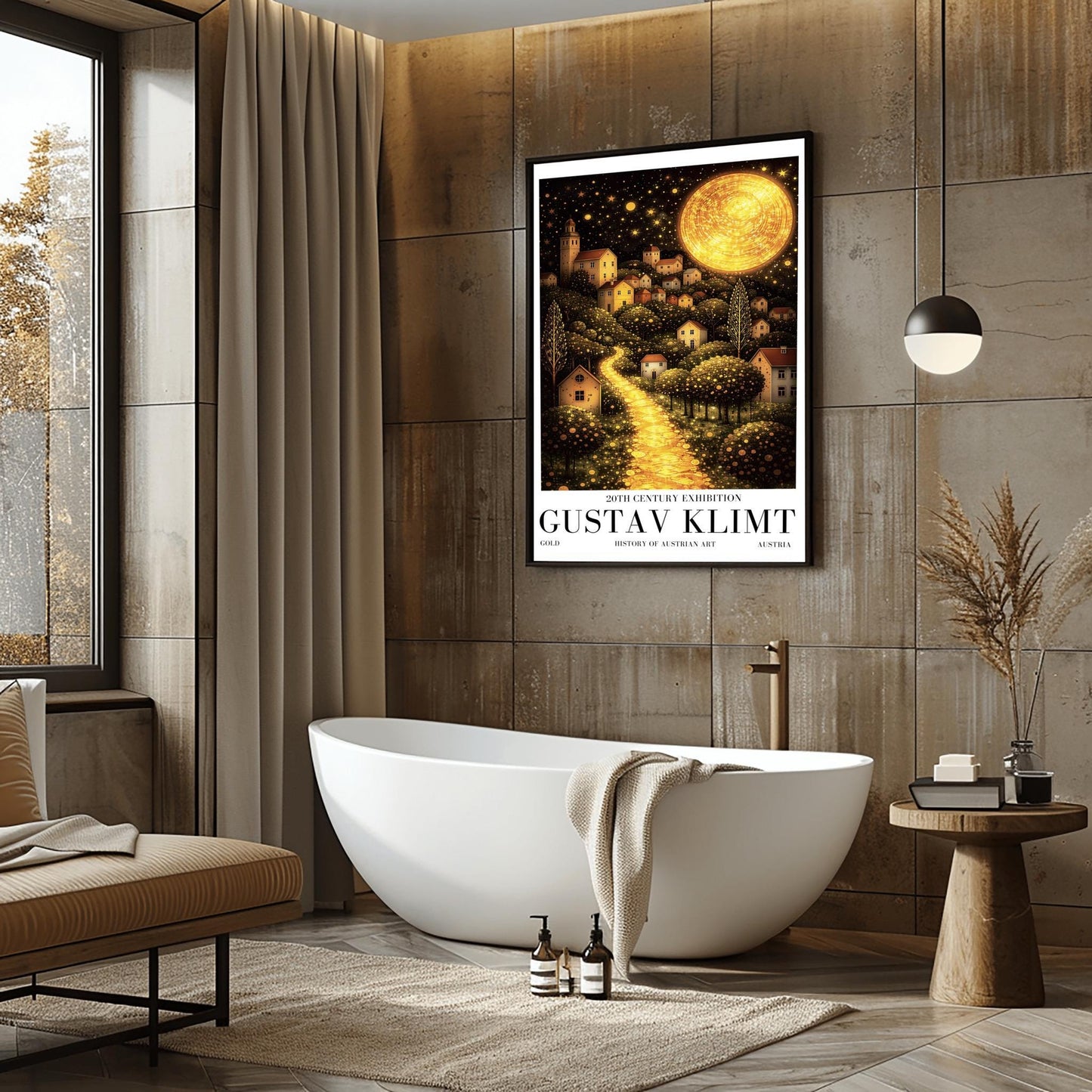 A vertical fine art landscape in the style of Gustav Klimt. A huge, textured golden moon shines in a starry night sky. A glowing golden path winds up a hillside past trees filled with shimmering golden dots toward a village of small houses with lit windows.