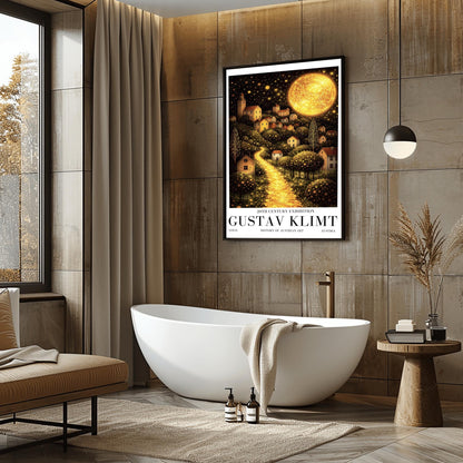 A vertical fine art landscape in the style of Gustav Klimt. A huge, textured golden moon shines in a starry night sky. A glowing golden path winds up a hillside past trees filled with shimmering golden dots toward a village of small houses with lit windows.