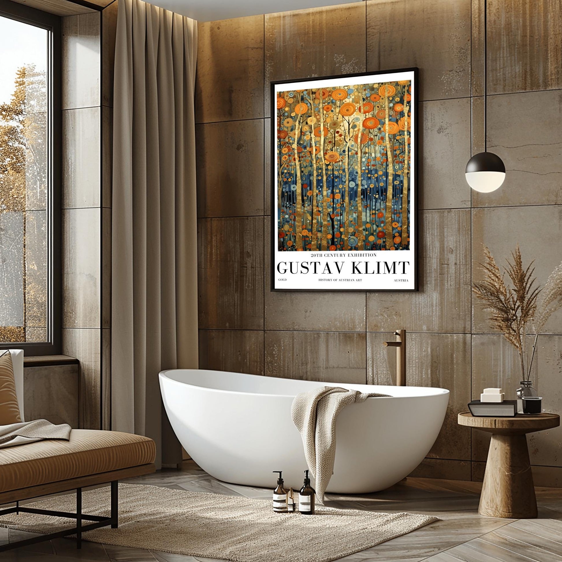 A vertical museum exhibition poster in the style of Gustav Klimt. Tall, slender tree trunks made of brilliant gold leaf stand against a background of orange, gold, and blue mosaic-style leaves. The bottom of the image is a deep indigo blue. Bold black text at the bottom reads "GUSTAV KLIMT" and "HISTORY OF AUSTRIAN ART."