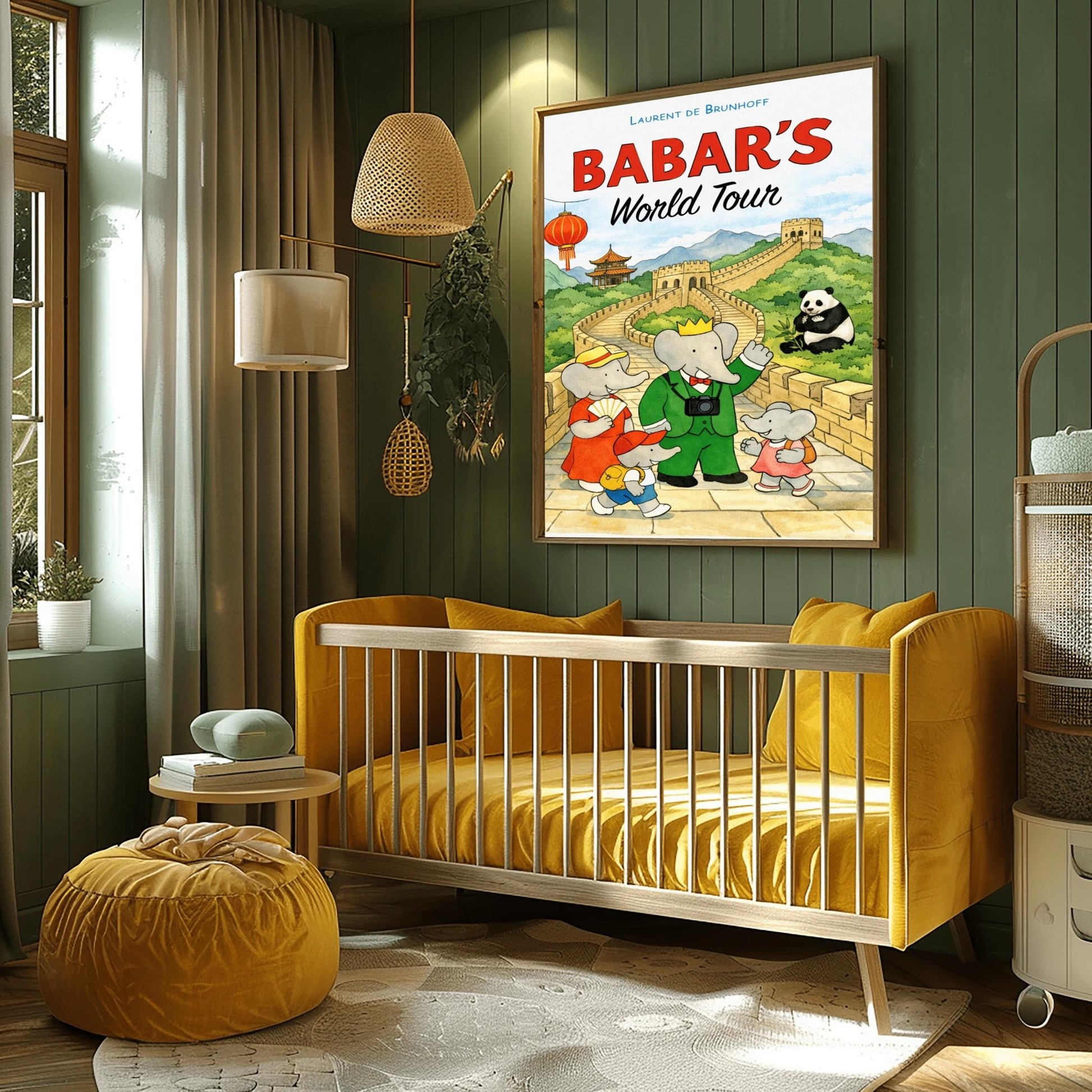 A vertical children's illustration poster titled "BABAR'S World Tour" in red and black letters. King Babar, wearing a green suit and a camera around his neck, stands on the Great Wall of China with his family. The wall curves through green mountains toward a pagoda in the distance. A giant panda sits in the grass to the right, and a red Chinese lantern hangs on the left. The name "Laurent de Brunhoff" is at the top.