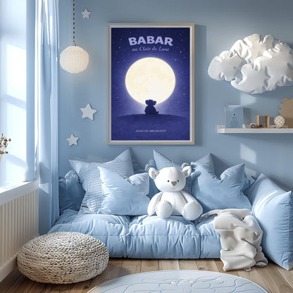 A vertical children's illustration poster titled "BABAR au Clair de Lune" in light blue. The scene shows the dark silhouette of an elephant (Babar) wearing a crown, sitting on a dark hill. A large, bright white full moon is centered behind him. The sky is a deep indigo blue filled with many small, twinkling white stars. The name "JEAN DE BRUNHOFF" is at the bottom.