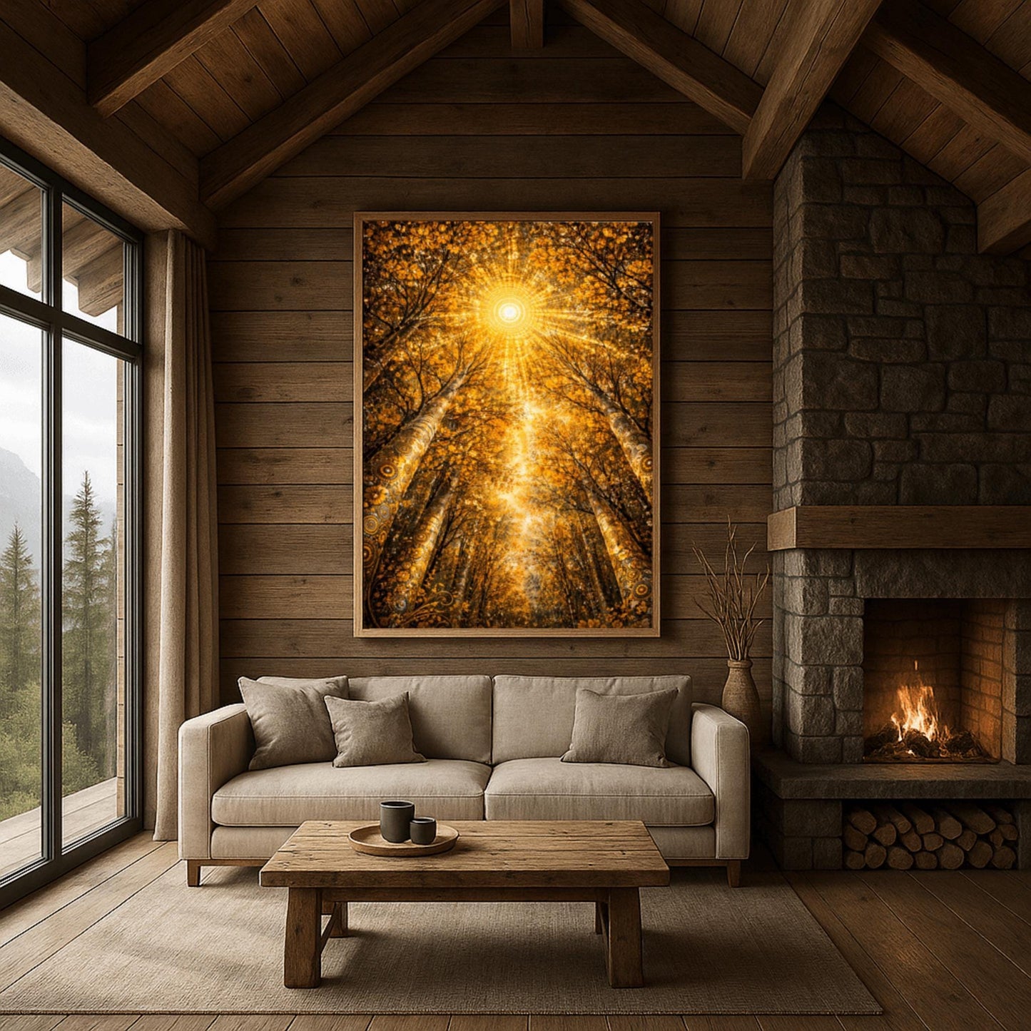 A vertical full-bleed illustration looking up from the forest floor toward a bright, geometric sun. Towering trees with golden mosaic bark frame a canopy of shimmering leaves. A large sunburst made of concentric golden dots and rays sits at the center against an amber sky.