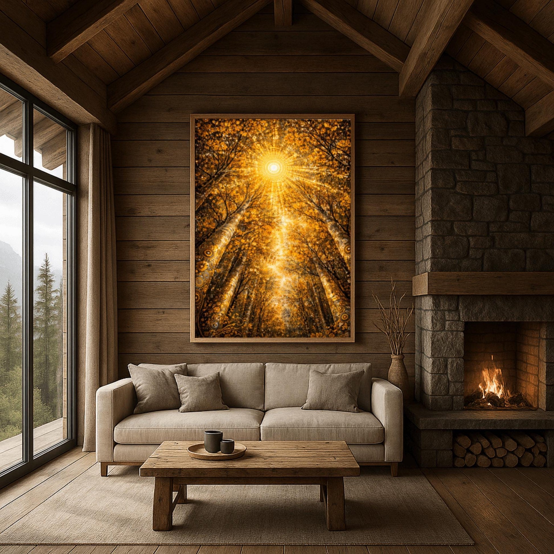 A vertical full-bleed illustration looking up from the forest floor toward a bright, geometric sun. Towering trees with golden mosaic bark frame a canopy of shimmering leaves. A large sunburst made of concentric golden dots and rays sits at the center against an amber sky.