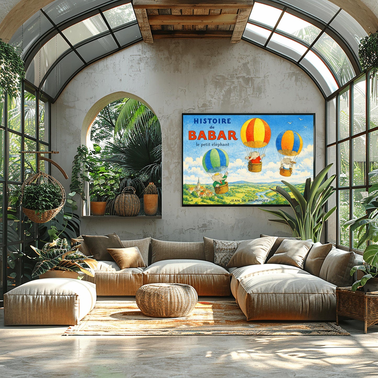 A horizontal watercolor illustration for "Histoire de Babar" showing three elephants in hot air balloons floating over a lush green valley with a river and a small village. On the left, Babar wears a crown and green suit in a blue and green balloon. Two other elephants are in red/orange and blue/yellow balloons. The sky is blue with a few white birds. The title is in large blue and red letters at the top left.