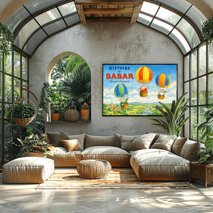 A horizontal watercolor illustration for "Histoire de Babar" showing three elephants in hot air balloons floating over a lush green valley with a river and a small village. On the left, Babar wears a crown and green suit in a blue and green balloon. Two other elephants are in red/orange and blue/yellow balloons. The sky is blue with a few white birds. The title is in large blue and red letters at the top left.