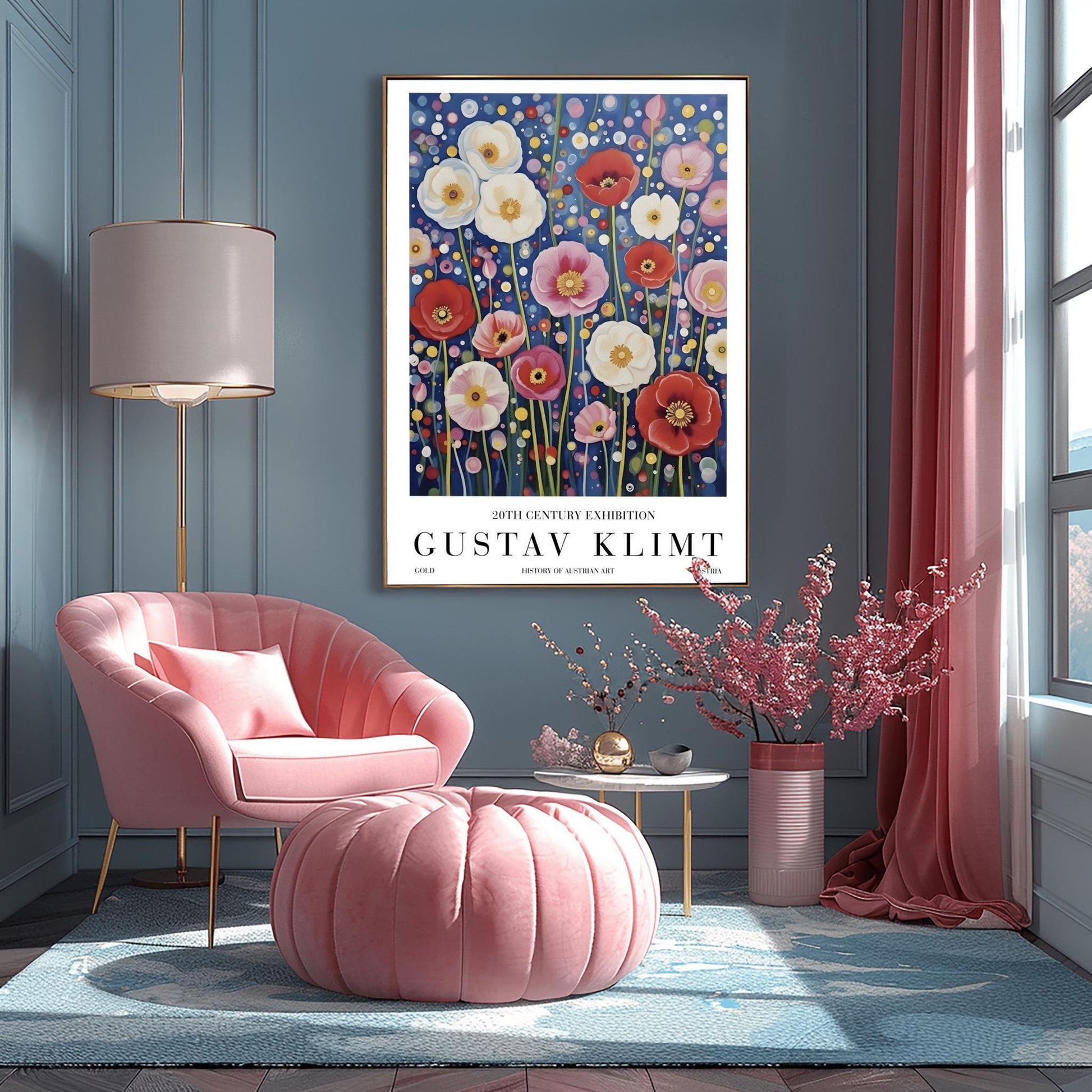 A vertical exhibition-style poster featuring a field of poppies in the style of Gustav Klimt. Large white, red, and pink flowers bloom on slender green stems against a dark navy background filled with shimmering gold and cream mosaic dots. The bottom margin features elegant typography reading "GUSTAV KLIMT" and "20TH CENTURY EXHIBITION."