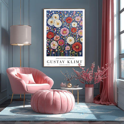 A vertical exhibition-style poster featuring a field of poppies in the style of Gustav Klimt. Large white, red, and pink flowers bloom on slender green stems against a dark navy background filled with shimmering gold and cream mosaic dots. The bottom margin features elegant typography reading "GUSTAV KLIMT" and "20TH CENTURY EXHIBITION."