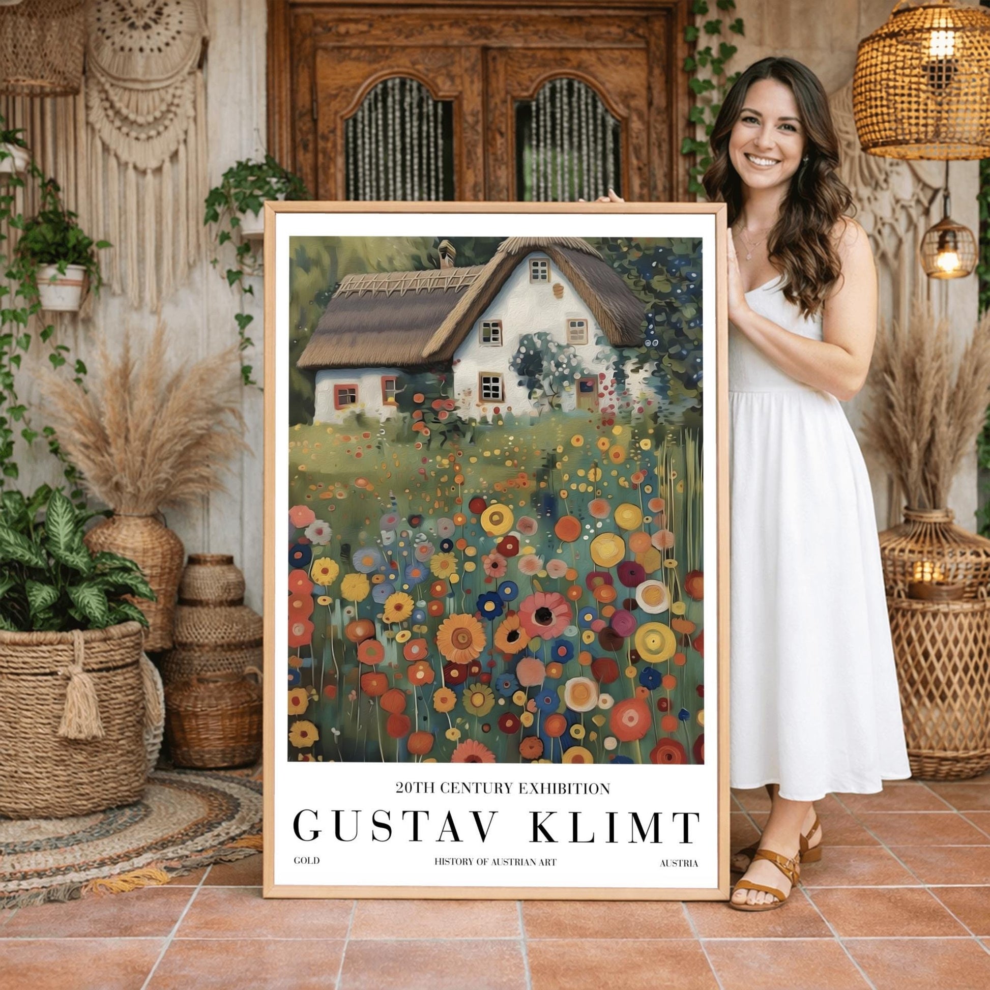 A vertical oil painting in the style of Gustav Klimt. A white-washed cottage with a brown thatched roof sits behind a dense field of colorful, circular wildflowers in shades of orange, red, blue, and yellow. The style features heavy, decorative textures and subtle golden highlights throughout the garden and roof.