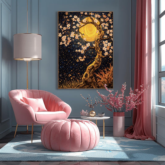 A vertical fine art print in the style of Gustav Klimt. A twisting tree trunk made of gold and bronze mosaic tiles features delicate white blossoms. A massive, swirling golden moon sits behind the branches against a dark navy sky filled with star patterns and blue circles.