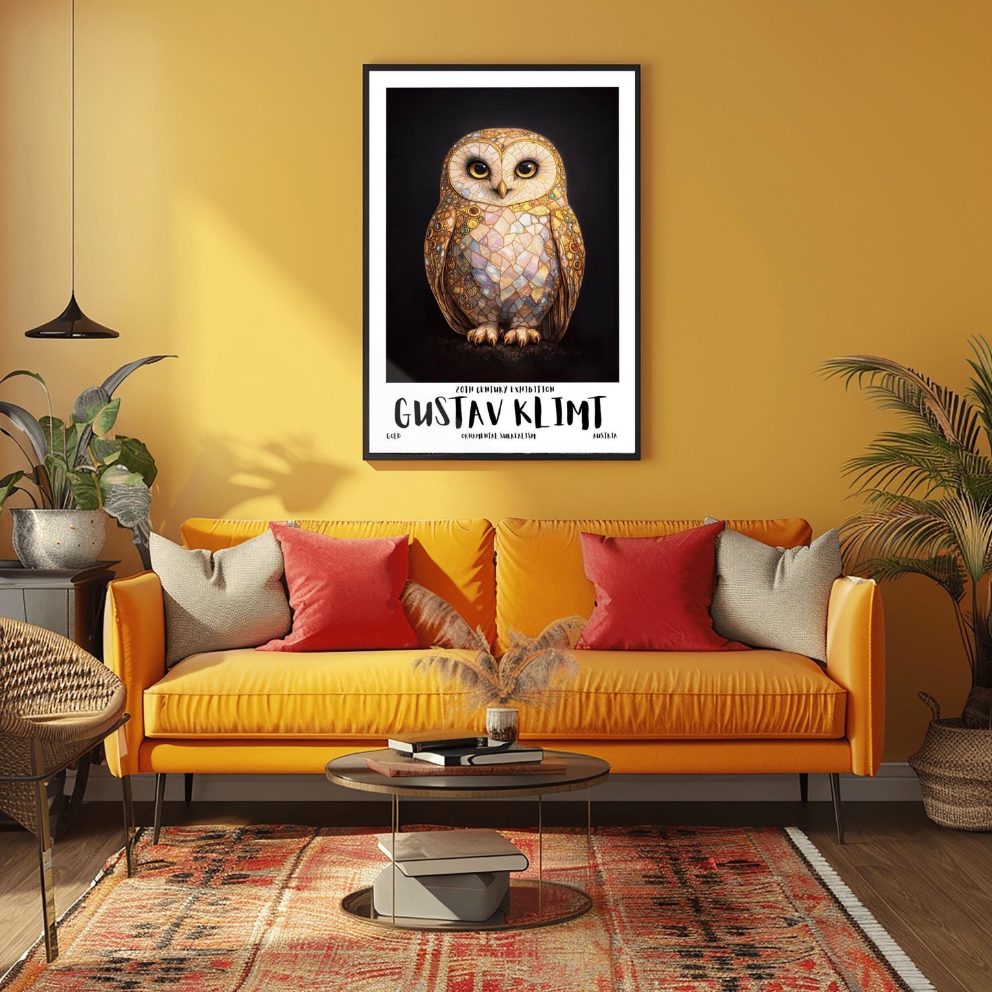 A vertical full-bleed illustration of a barn owl in the style of Gustav Klimt. The owl's body is a complex mosaic of gold, cream, and iridescent pastel tiles with small colorful gemstones embedded in the wings. It has large dark eyes and stands against a solid black background.