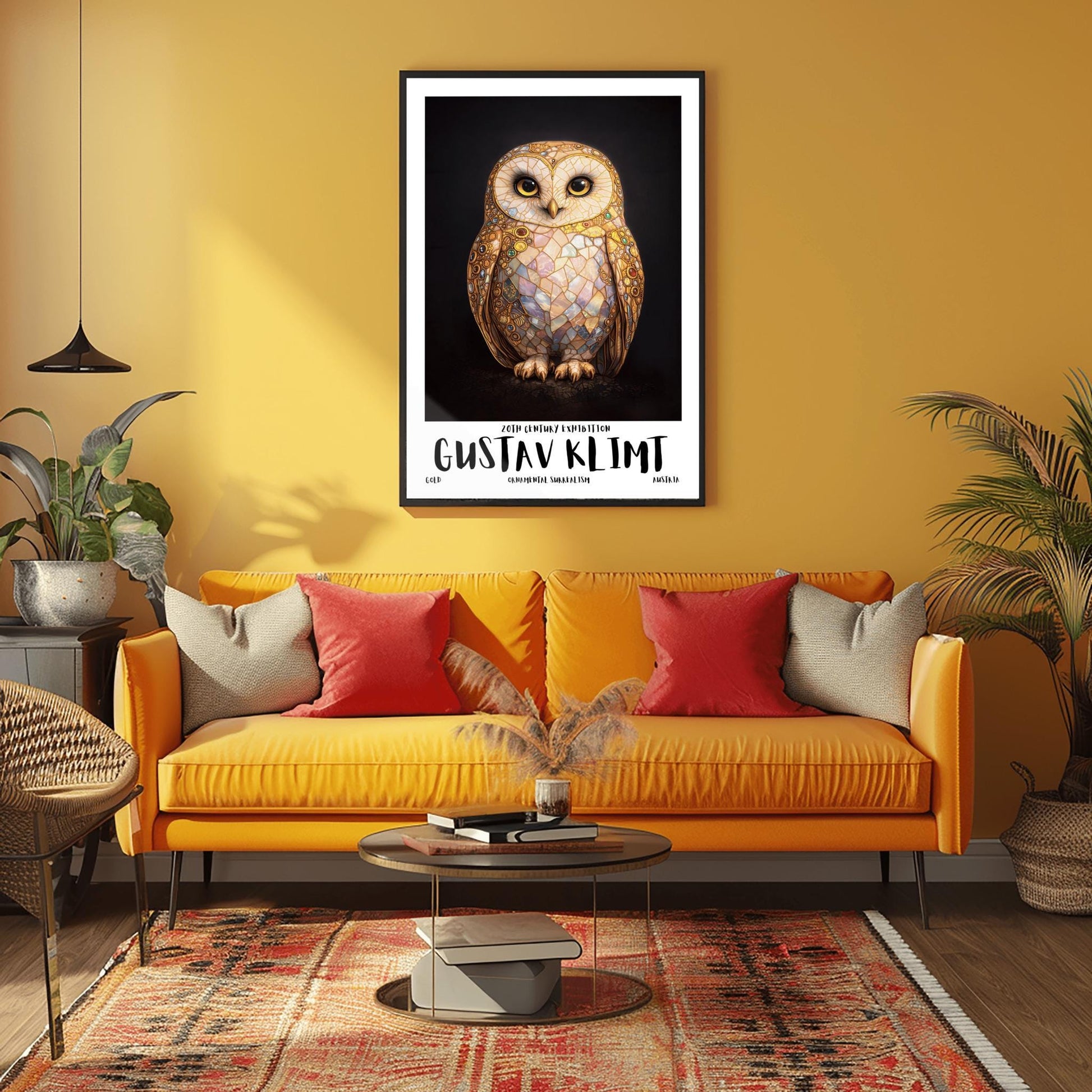 A vertical full-bleed illustration of a barn owl in the style of Gustav Klimt. The owl's body is a complex mosaic of gold, cream, and iridescent pastel tiles with small colorful gemstones embedded in the wings. It has large dark eyes and stands against a solid black background.