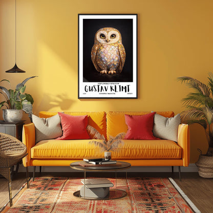 A vertical full-bleed illustration of a barn owl in the style of Gustav Klimt. The owl's body is a complex mosaic of gold, cream, and iridescent pastel tiles with small colorful gemstones embedded in the wings. It has large dark eyes and stands against a solid black background.