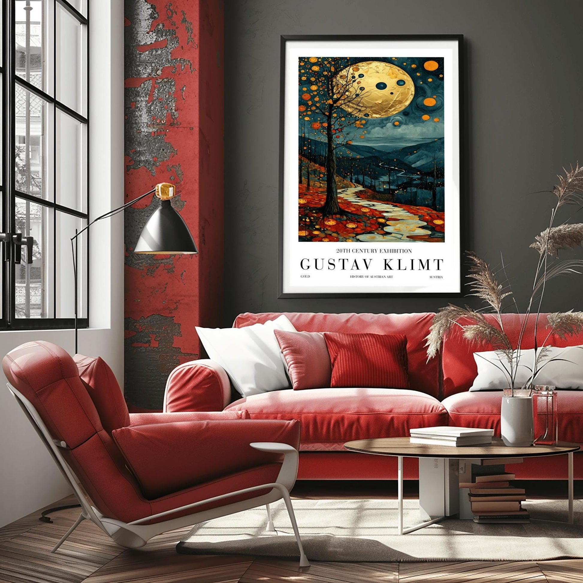 A vertical fine art painting in the style of Gustav Klimt. A massive, textured golden moon hangs in a dark, starlit sky above rolling teal mountains. A white, winding stone path leads through a foreground of orange and red autumn leaves. On the left, a slender tree is decorated with golden mosaic orbs. The overall style is rich in texture and golden ornamentation.
