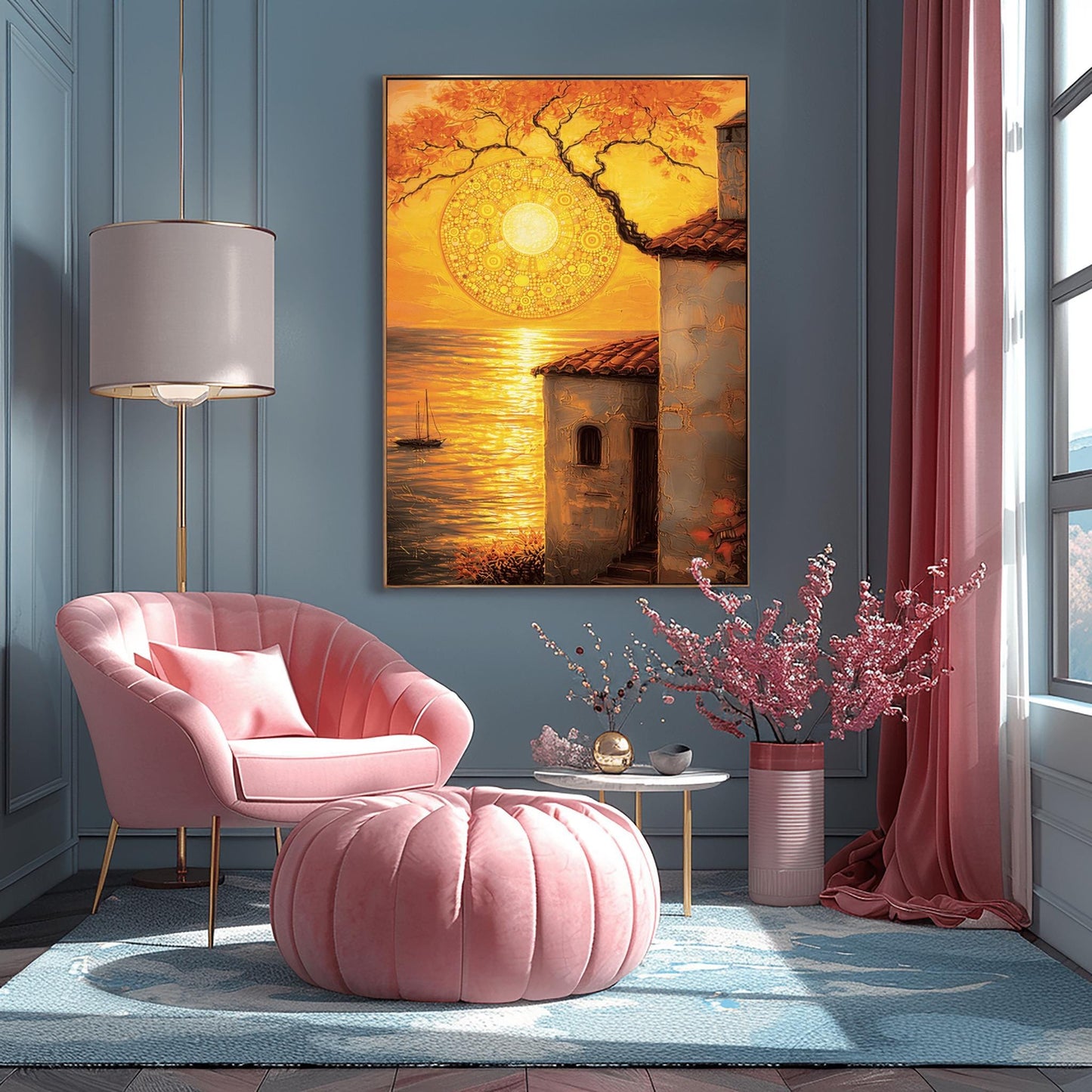 A vertical fine art print in the style of Gustav Klimt. A large, intricate golden mosaic sun hangs in an orange sky, partially framed by a dark tree branch. In the foreground, a rustic white villa with a red roof stands next to a golden sea where a small sailboat is visible. The entire scene is bathed in warm gold and amber light.